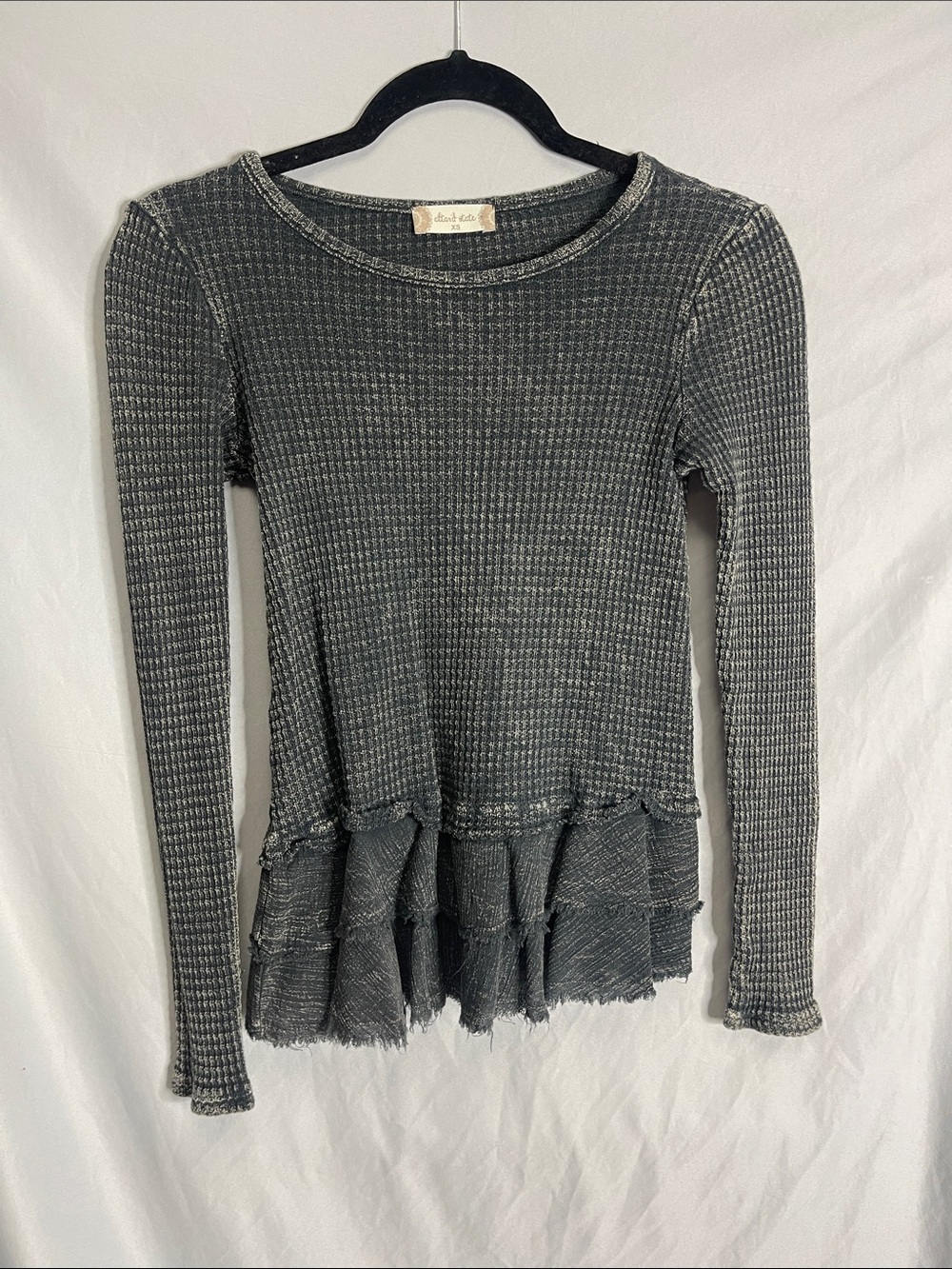 Altar'd State Charcoal Waffle Knit Ruffle Hem Long Sleeve Top